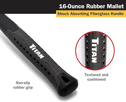Titan 63217 16oz Rubber Mallet, Non-marking Double-faced Solid Head, 13 Shock Absorbing Fiberglass Handle with Textured Grip