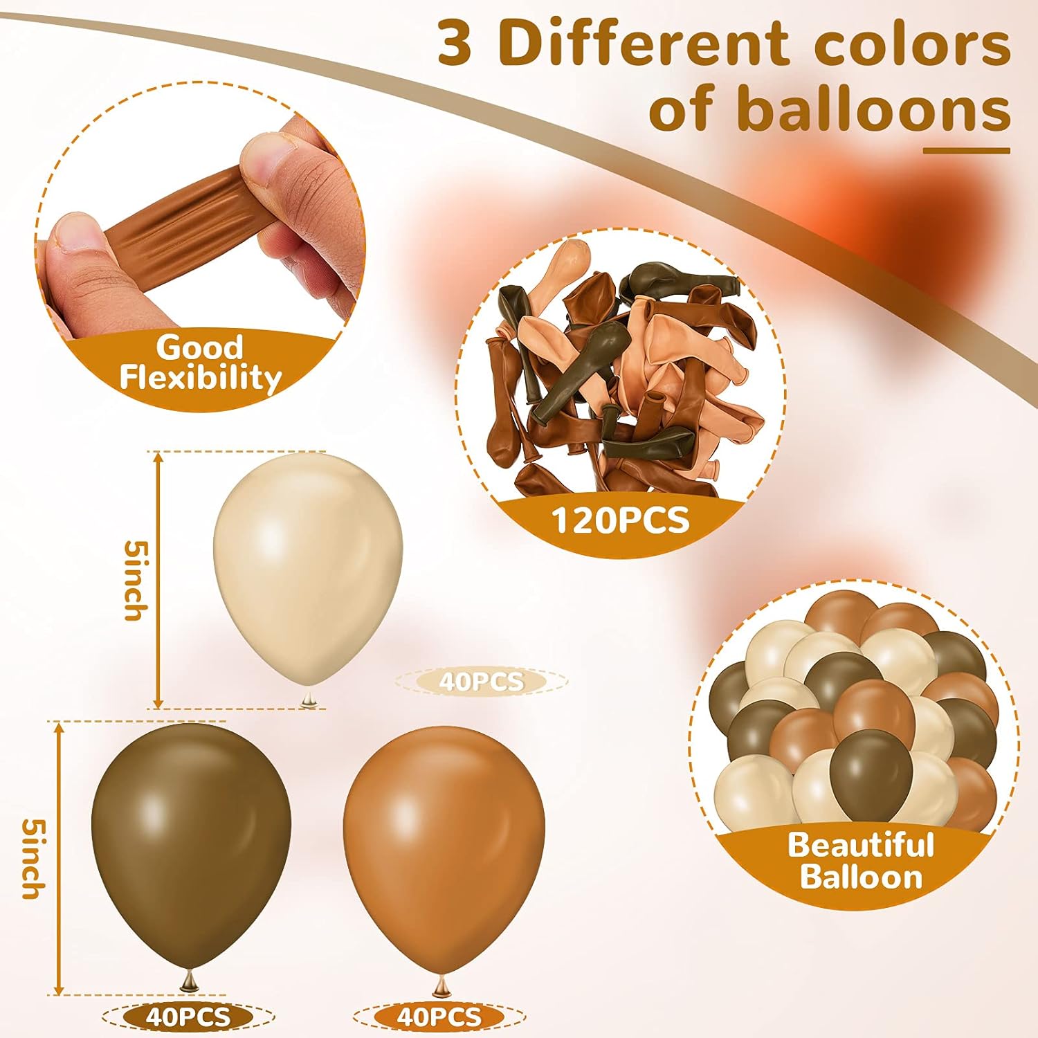 Chalyna 120 Pcs 5 Inch Brown Balloons, Mini Latex Balloons for Balloon Garland Arch, Coffee Caramel Apricot Balloon for Baby Shower, Western Cow Party Decorations(Caramel, Coffee, Apricot)