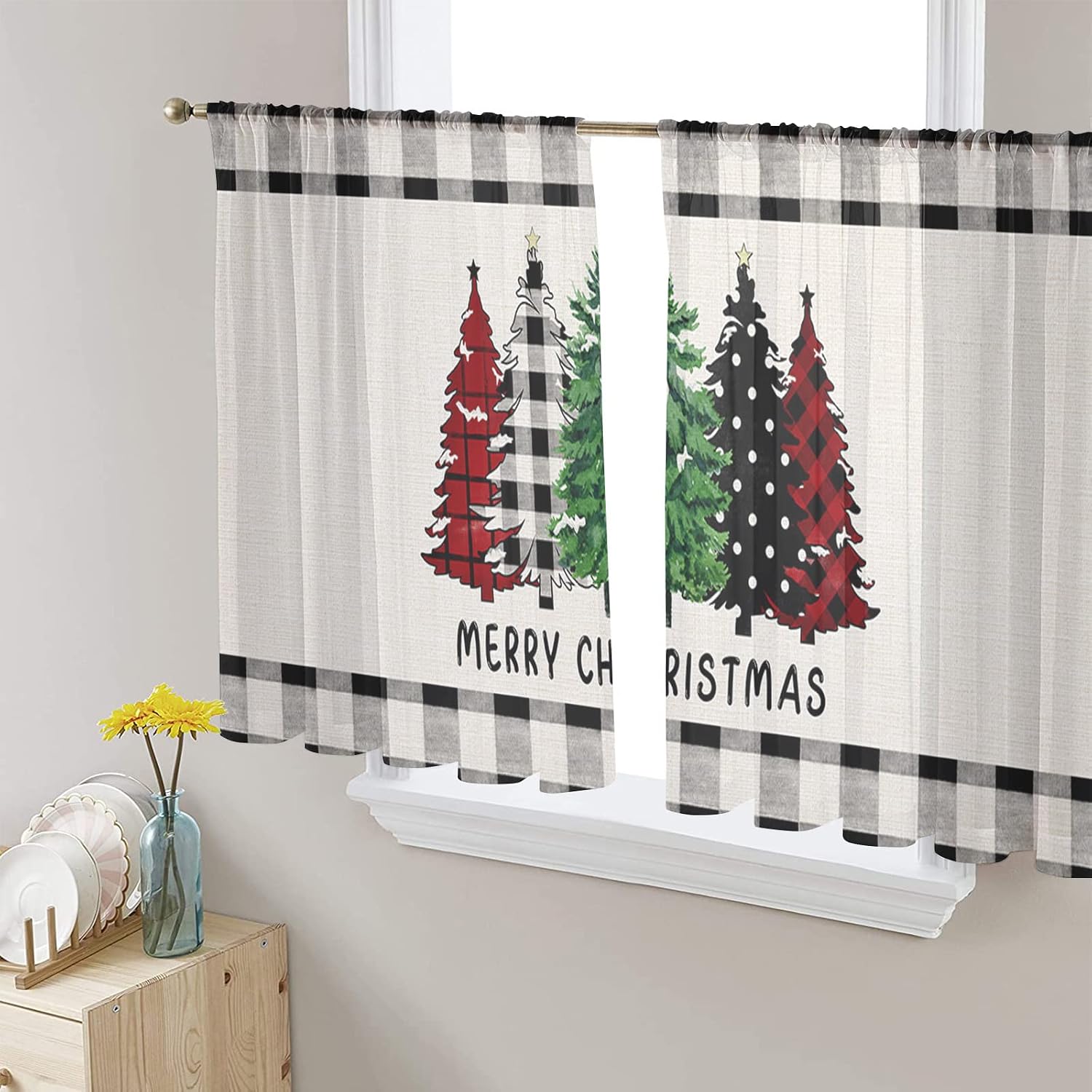 Christmas Sheer Curtains 54 Inches Long, Merry Christmas
