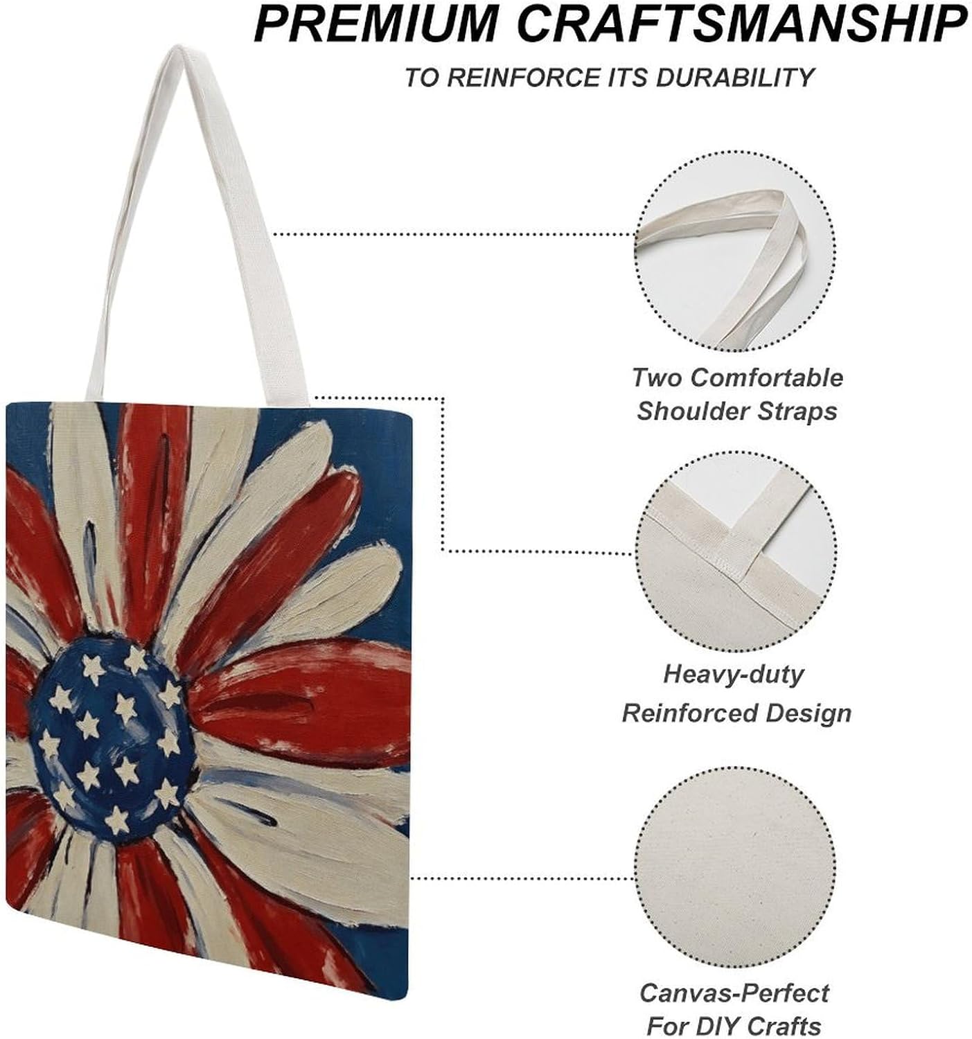 USA Flag Style Flowers Canvas Tote Bag Reusable Grocery Bags Foldable Soft Cotton Shoulder Carry Bag