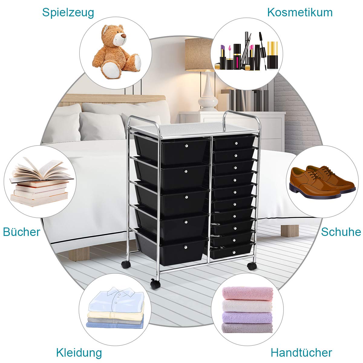 GOPLUS Rollwagen mit 15 stapelbaren Schubladen, Schubladenwagen Farbewahl, Beistellwagen Haushaltswagen Rollcontainer Badrollwagen Badtrolley Badregal (Schwarz)