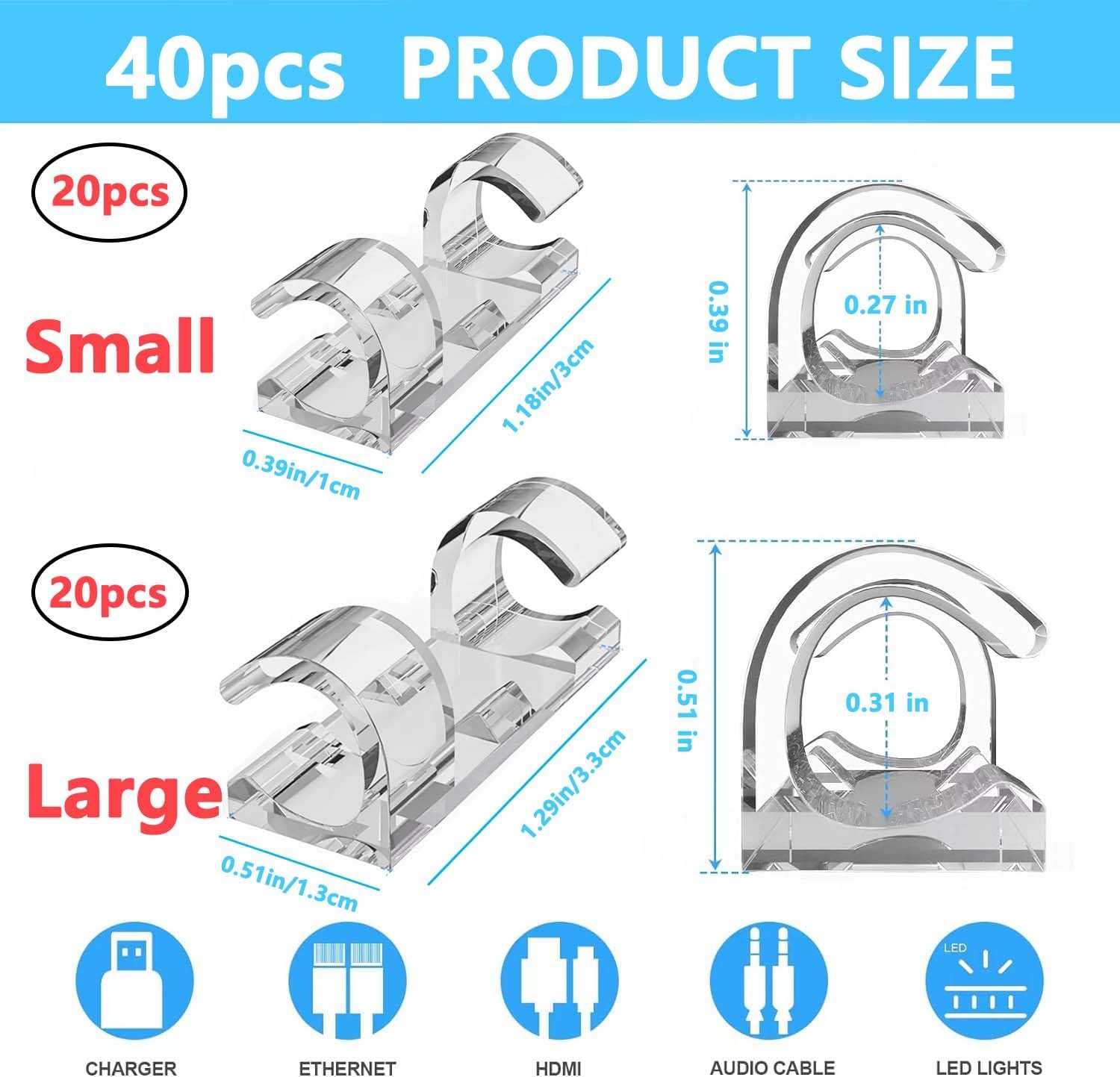 40 PCS Cable Clips (Small & Large),Adhesive Cable Clips for Wall,Finisher Wire Clamp for TV PC Laptop,Cable Management Clips Outdoor Light Clips