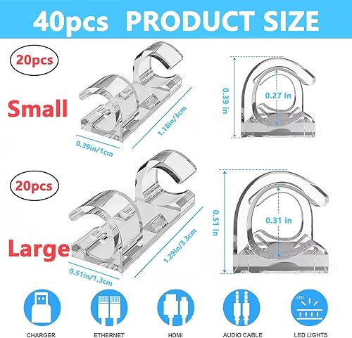 Miniatura 2 de 40 clips de cable (pequeños y grandes), clips adhesivos para cables para pared, abrazadera de alambre para TV, PC, laptop, clips de organización de