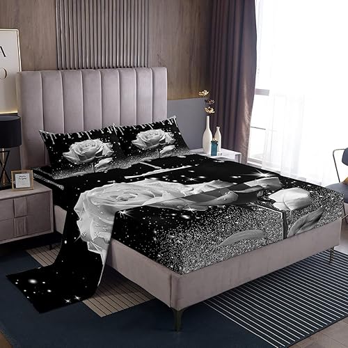 Miniatura 10 de Manfei Juego de sábanas 3D de rosa jengibre tamaño matrimonial, juego de ropa de cama brillante con purpurina para decoración de habitación de niños