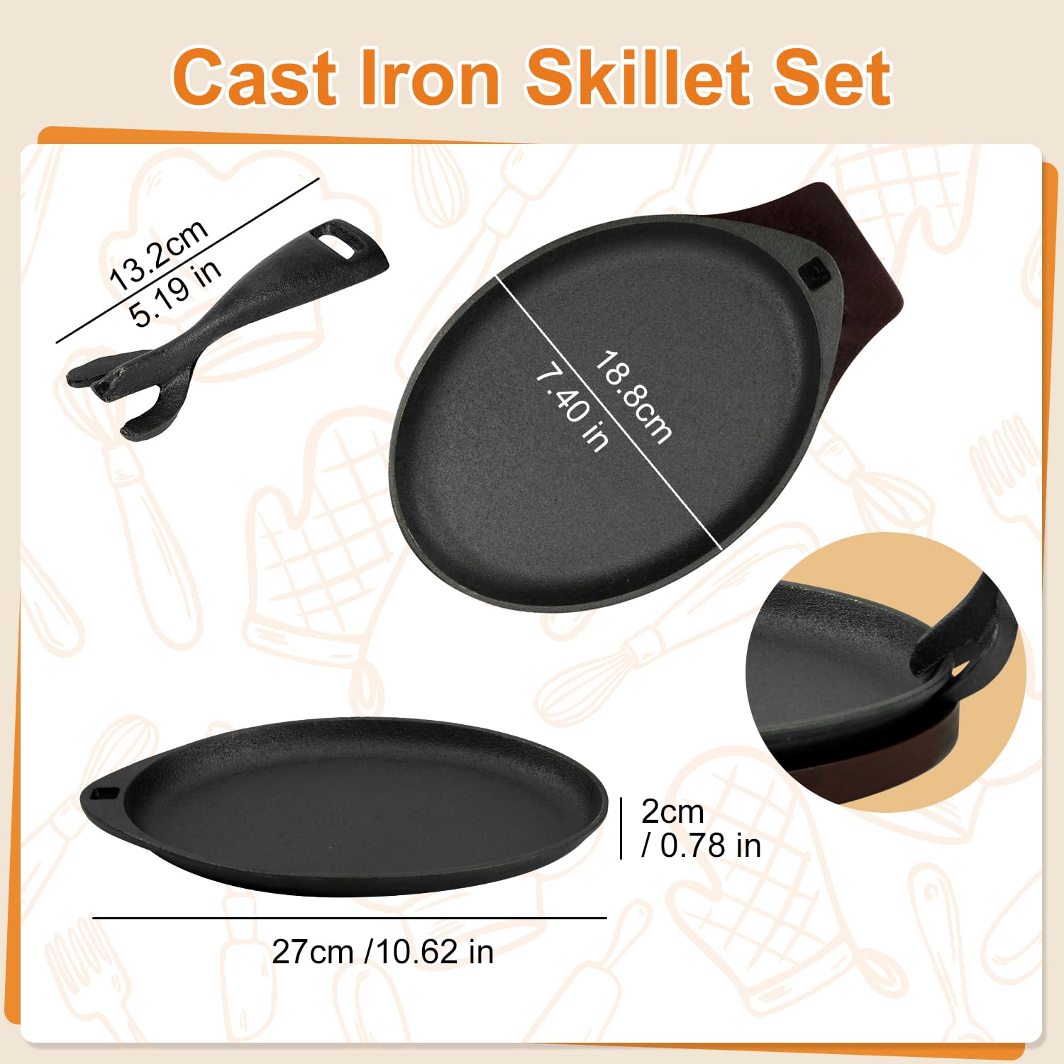 DVK Cast Iron Fajita Plate Set - Sizzling Skillet -2
