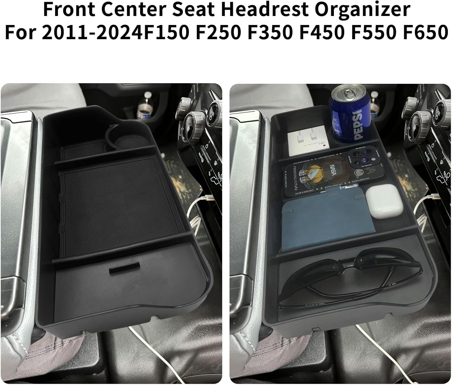 Zxiaochun Center Console Seat Headrest Organizer for 2011-2024 2025 Ford F150 F250 F350 F450 F550 F650 Accessories, Storage Tray with Non-Slip Rubber Mat (Jump Seat Only)