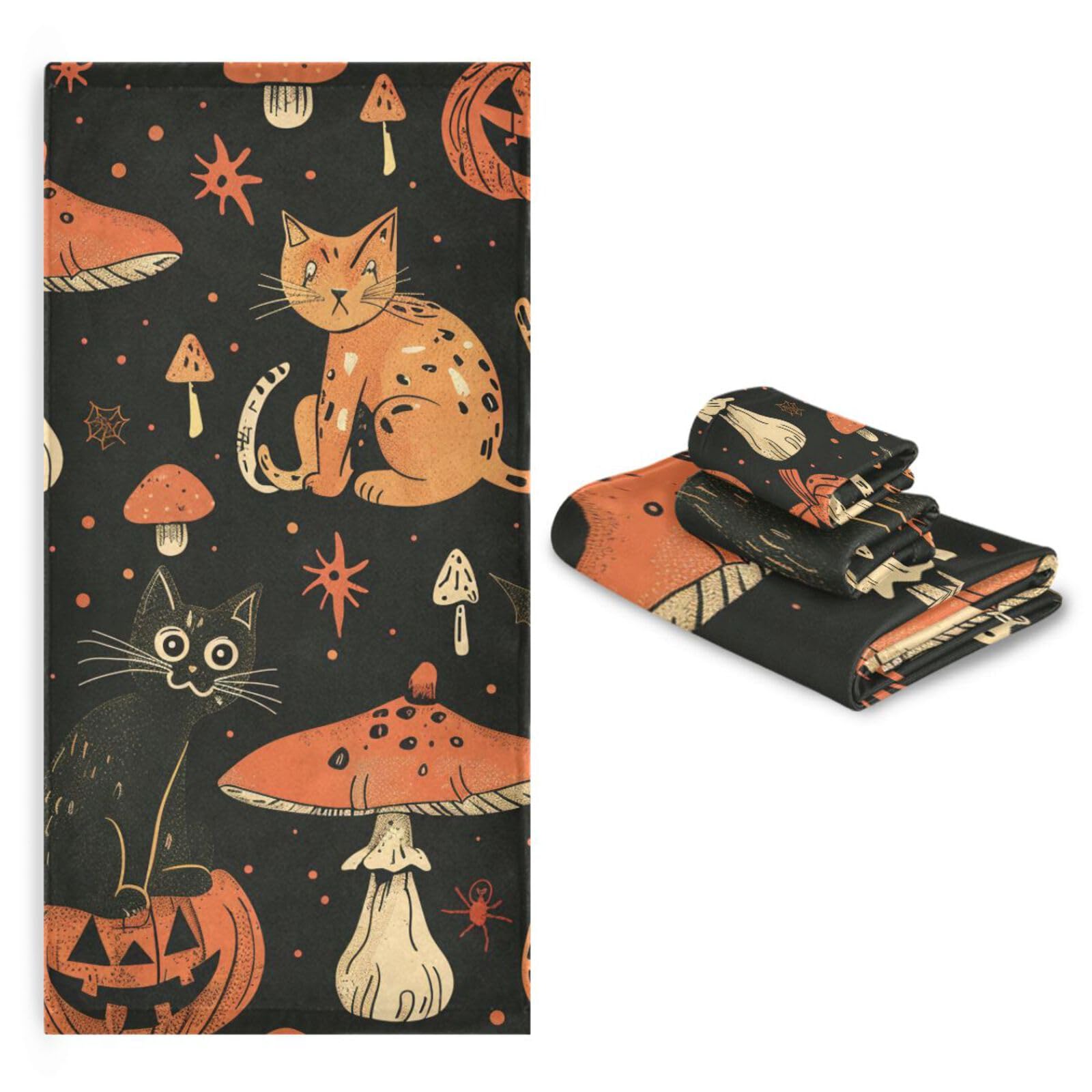 Set di 3 asciugamani per il viso ad asciugatura rapida con gatti, zucche, funghi, per Halloween, 3 pezzi, 1 asciugamano da bagno, 1 asciugamano per mani, 1 panno per la casa, cucina e famiglia