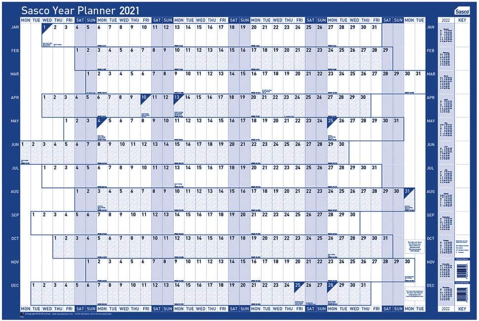 Sasco 2021 Original Year Wall Planner with Wet Wipe Pen & Sticker Pack, Red, Poster Style, 915W x 610H mm, 2410127