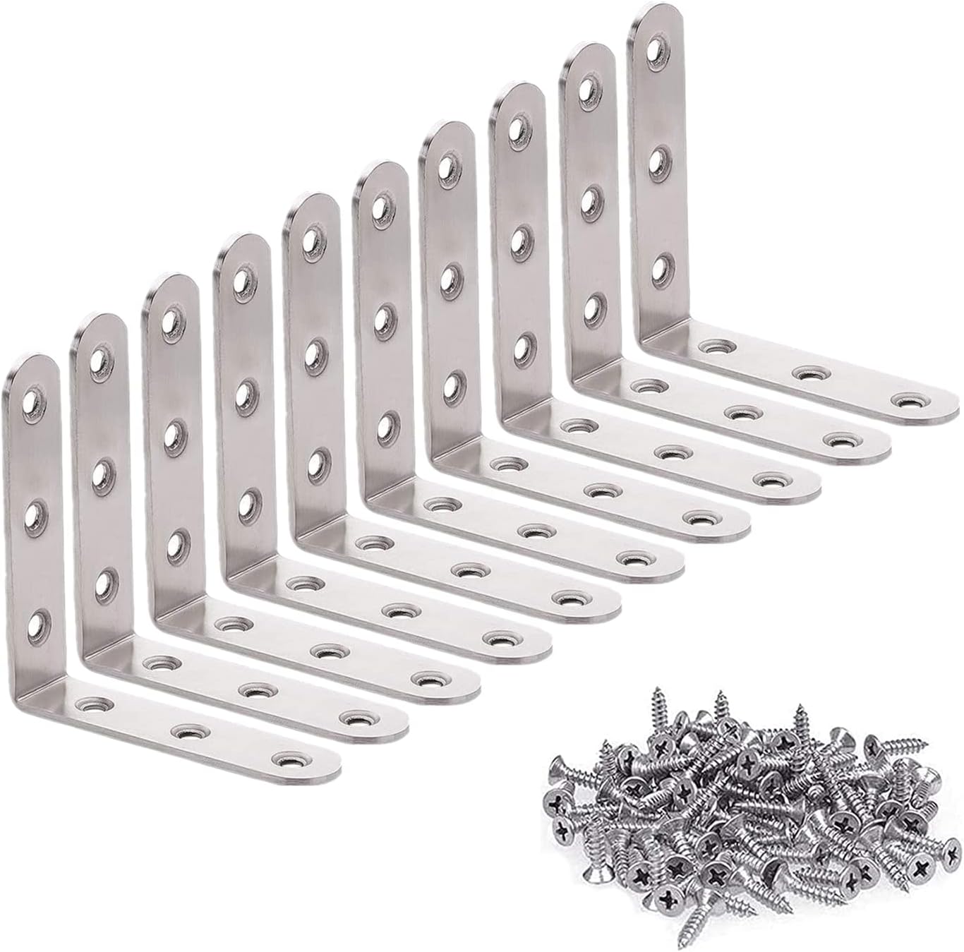 MroMax 10 PCS 3.15" x 3.15"L-Shaped Silver Bracket Gusset Plate Joint Right-Angle Bracket Fasteners Brushed Stainless Steel Surface Connection Angle Bracket