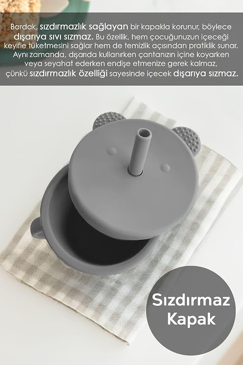 Meleni Baby Sızdırmaz Kapaklı, Silikon Pipetli Bebek Alıştırma Bardağı, Silikon Bebek Beslenme Bardağı - Gri