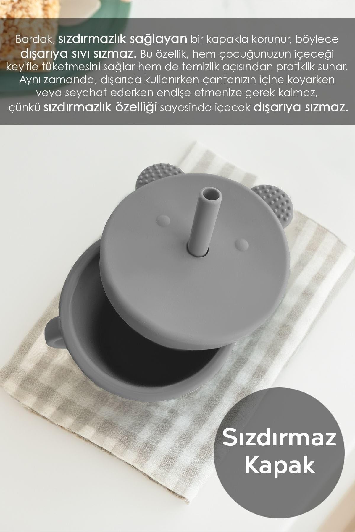 Meleni Baby Sızdırmaz Kapaklı, Silikon Pipetli Bebek Alıştırma Bardağı, Silikon Bebek Beslenme Bardağı - Gri