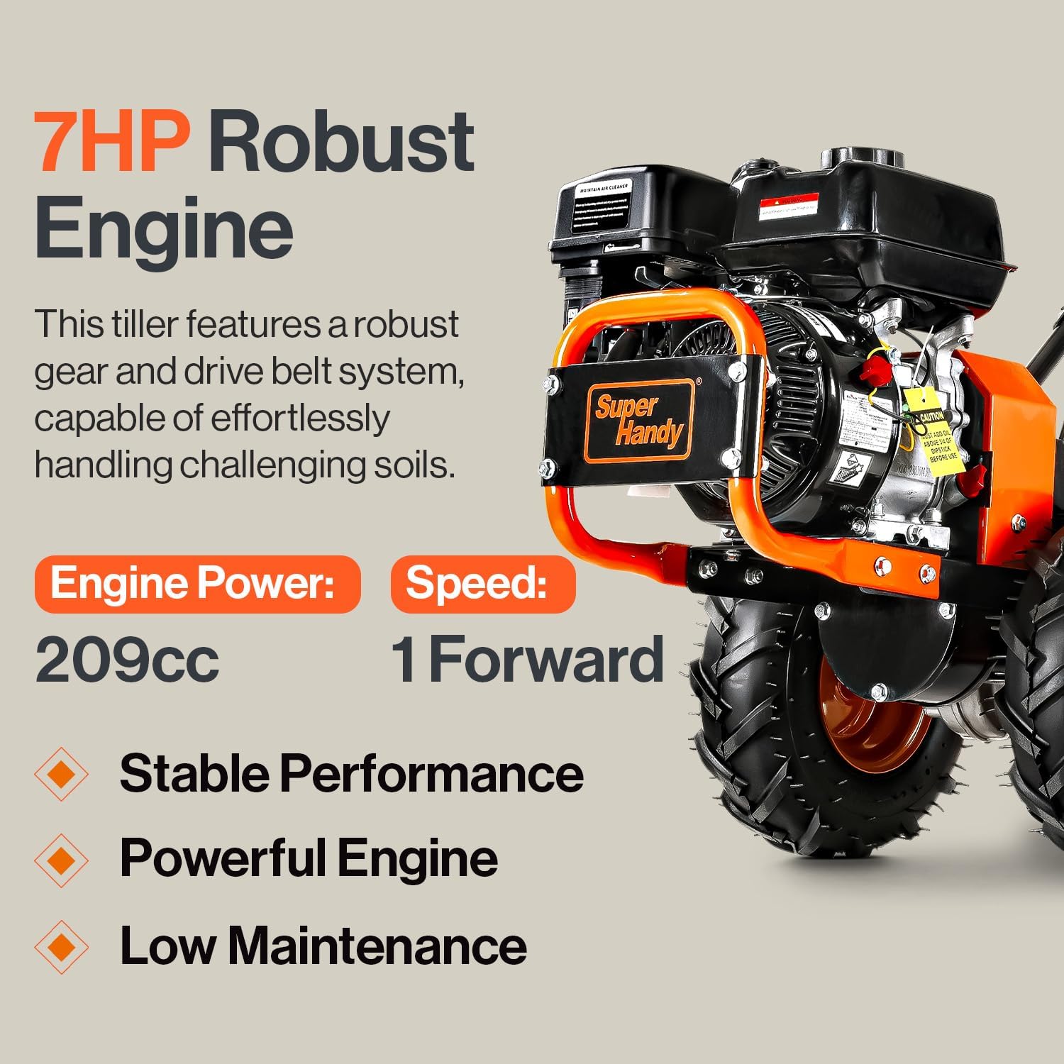 SuperHandy Tiller Cultivator – 7HP 209cc Engine, Adjustable Tilling Width & Depth, Heavy-Duty Steel Tines for Garden Soil Prep, Landscaping & Weed Removal (Rear Tine Tiller)