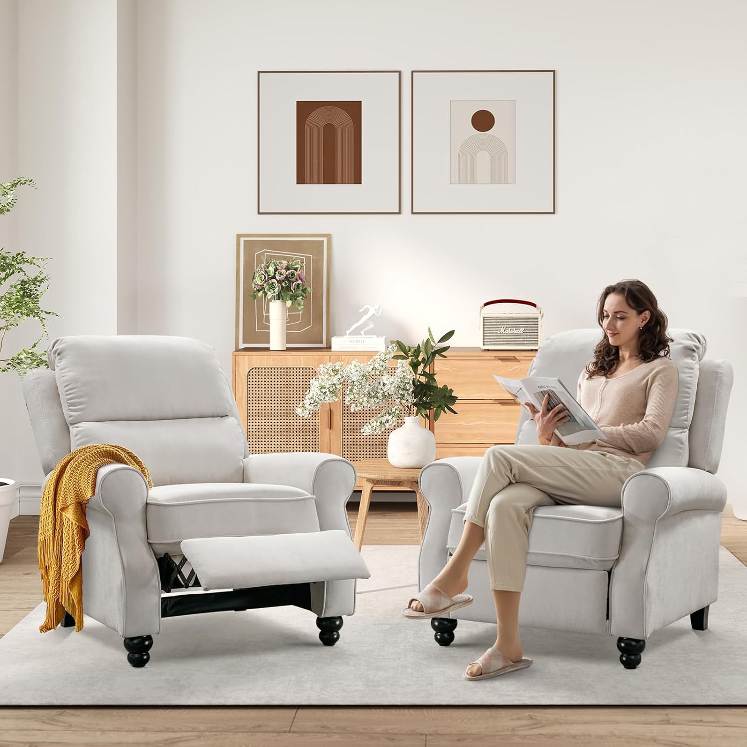 Bonzy Home Pushback Recliner Chair Set of 2, Push Back Reclining Chairs with Padded Seat, Comfy Fabric Accent Recliner Chair for Living Room Bedroom Home Theater, White