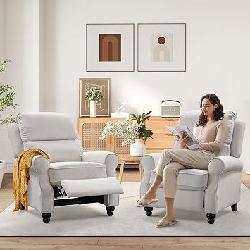 Bonzy Home Pushback Recliner Chair Set of 2, Push Back Reclining Chairs with Padded Seat, Comfy Fabric Accent Recliner Chair for Living Room Bedroom Home Theater, White