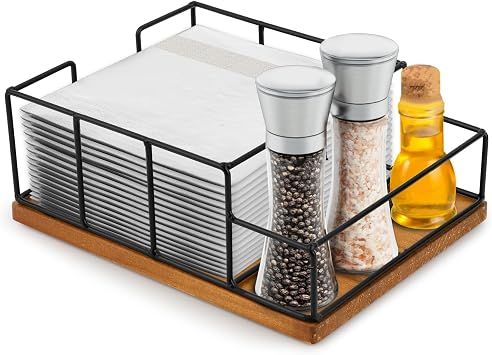 Wooden Base Cast Iron Tissue Holder, Seasoning Holder, Two-Compartment Restaurant Tissue Tray, Seasoning Storage Rack. Metal Napkin Holder Modern Napkin Dispenser