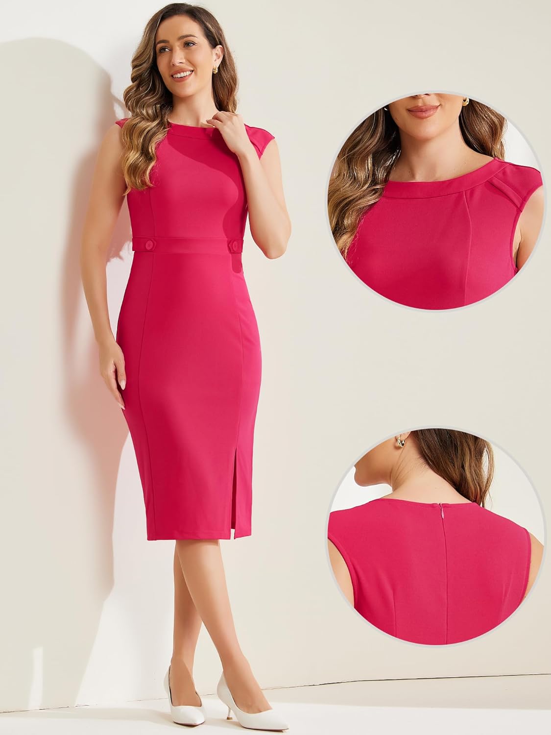 Vestido Inspirador Chic Para Trabajar Con Cuello Barco, Mangas Cortas Midi Corte Acampanado Oficina L Azul Real