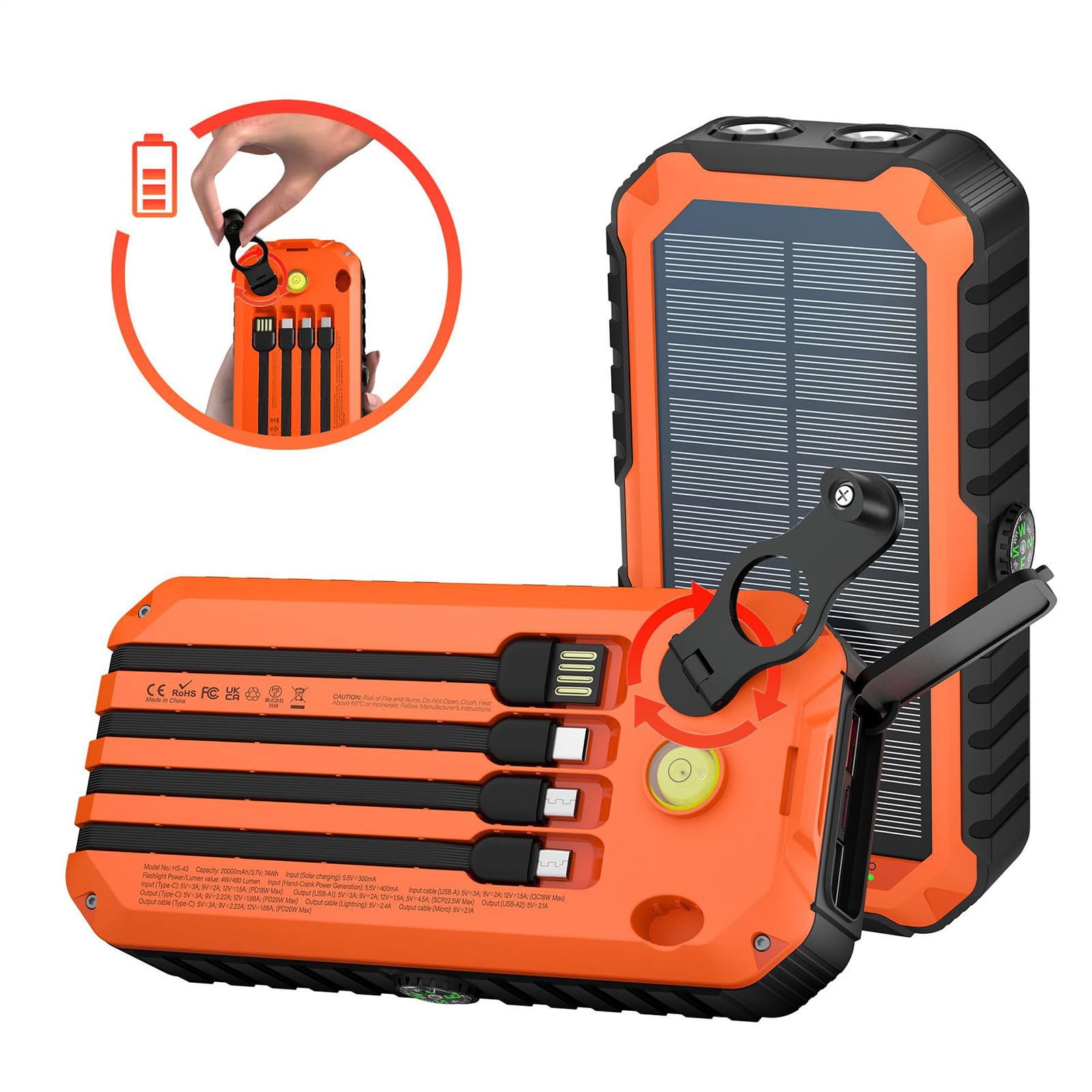 Power Bank Solare 20000mAh Modalità con Torcia | Power Bank Solare con Manovella Per Campeggio, Escursioni, Viaggi, Gite in Auto, Pesca, Backpacking, Festival Musicali