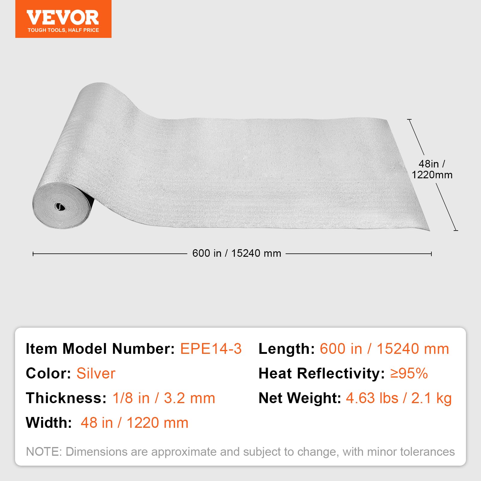 VEVOR Aislamiento Térmico Reflectante Doble Rollo de Aislamiento Barrera Radiante 15,24x1,22 m Núcleo de Espuma EPE Espesor de 3,2 mm Lámina de Aluminio Doble Cara para Ventana, Techo de RV