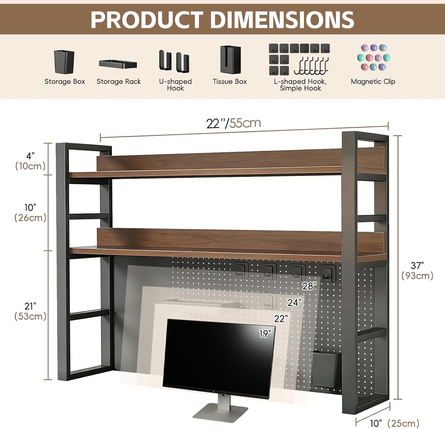 LINLIUA 2/3/4 Tier Desk Hutch, Metal Desk Shelf with Pegboard, Desk Shelves for Top of Desk, Freestanding Desktop Bookshelf, Desktop Shelf Organizer Display Rack for Dorm Office and Home