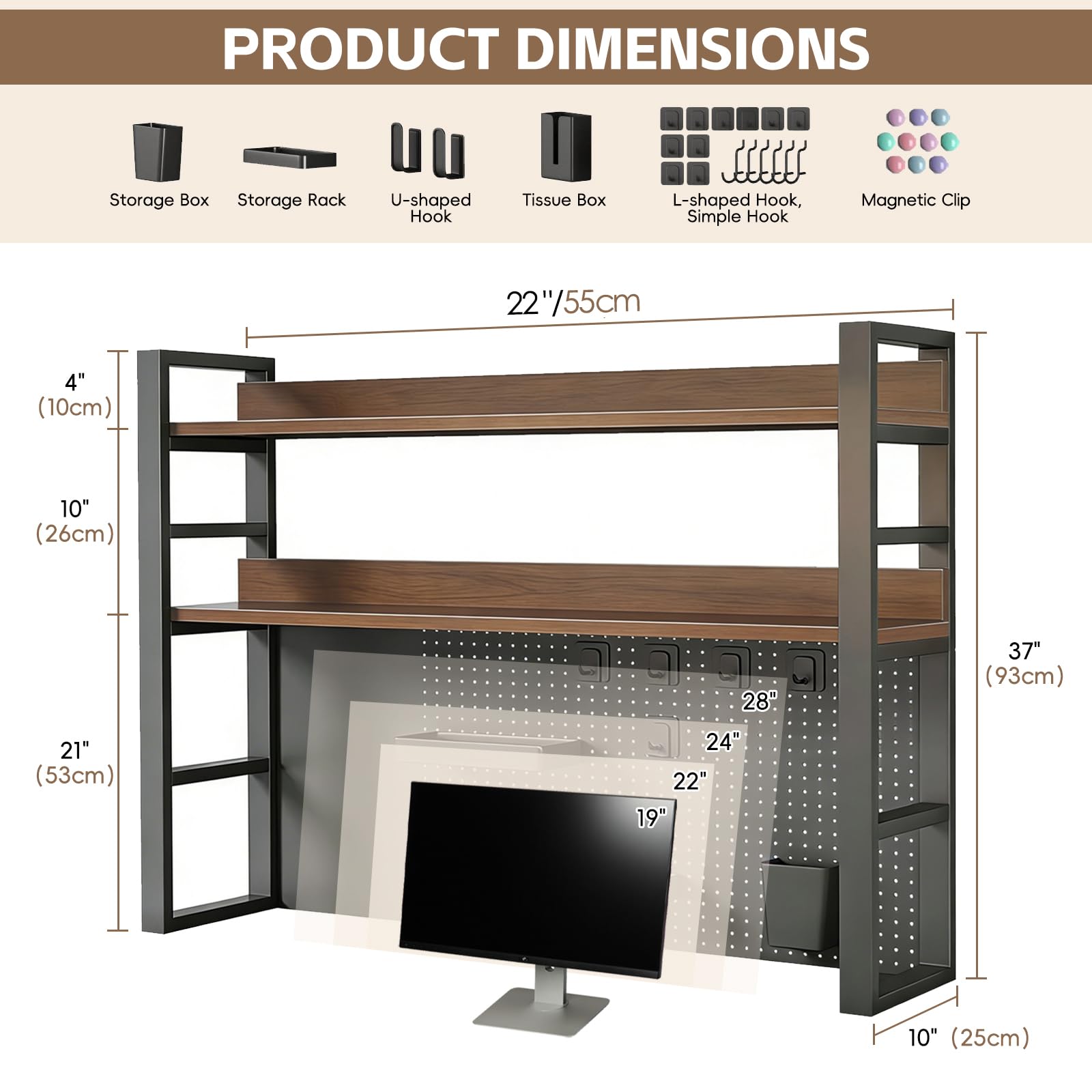 Organizador de escritorio de metal de 2/3/4 niveles, estante versátil de varios niveles con tablero de clavijas para oficina en casa y dormitorio, solución de almacenamiento para ahorrar espacio para