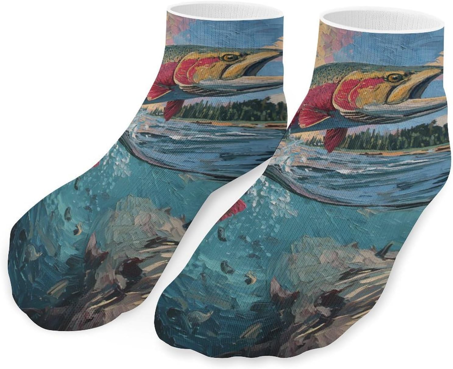 Trout Fish Jumping Out of The Lake No Show Ankle Socks Low Cut Non Slip Flat Boat Line 5 Pairs Set