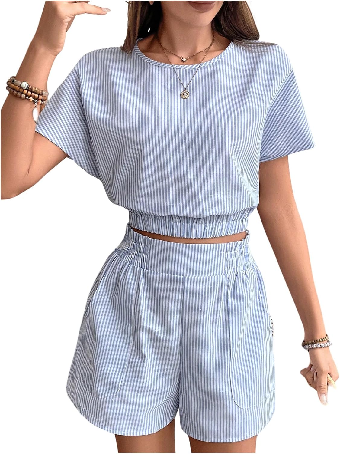 OYOANGLE Women's Striped 2 Piece Outfits Short Sleeve Tight Hem Crop Top and Shorts Beach Vacation Rompers