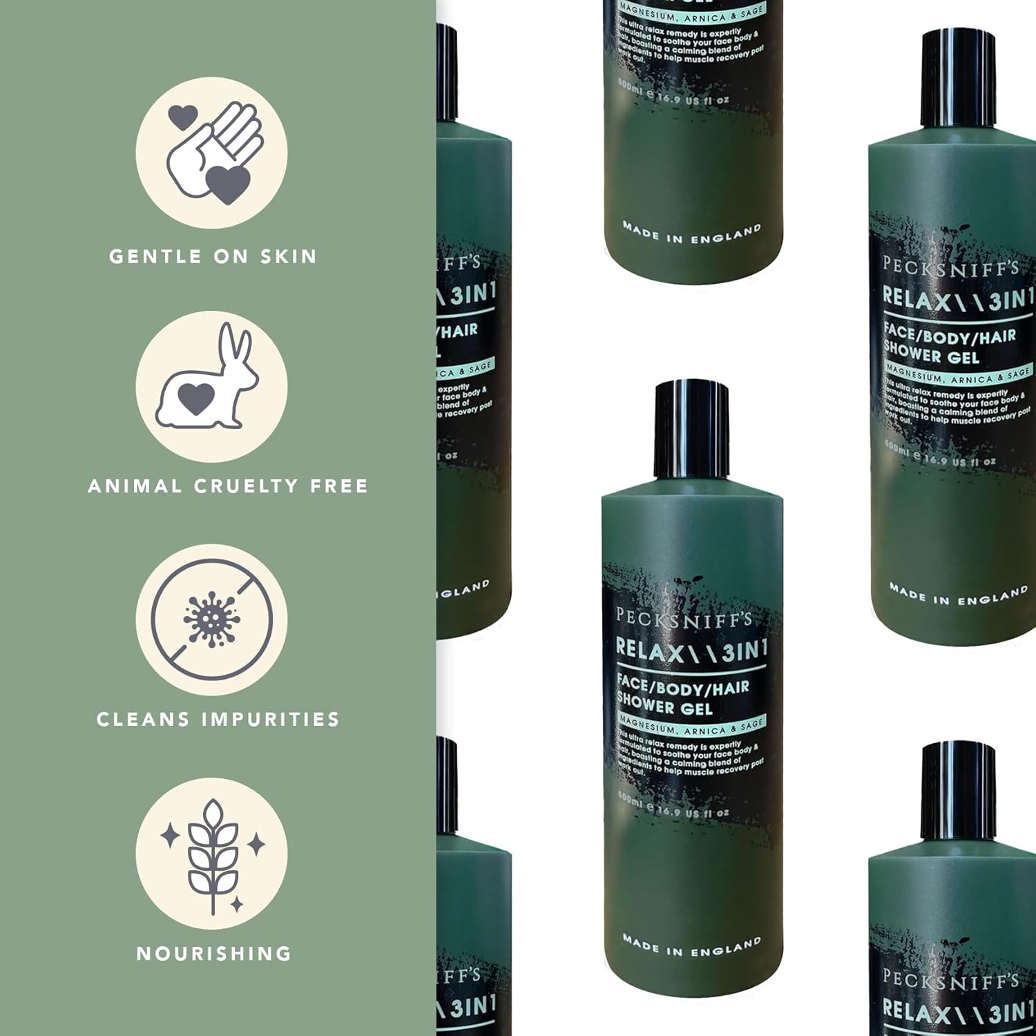 Pecksniff's Relax Magnesium 3-in-1 Arnica & Sage Shower Gel | 500ml /16.9 Fl Oz
