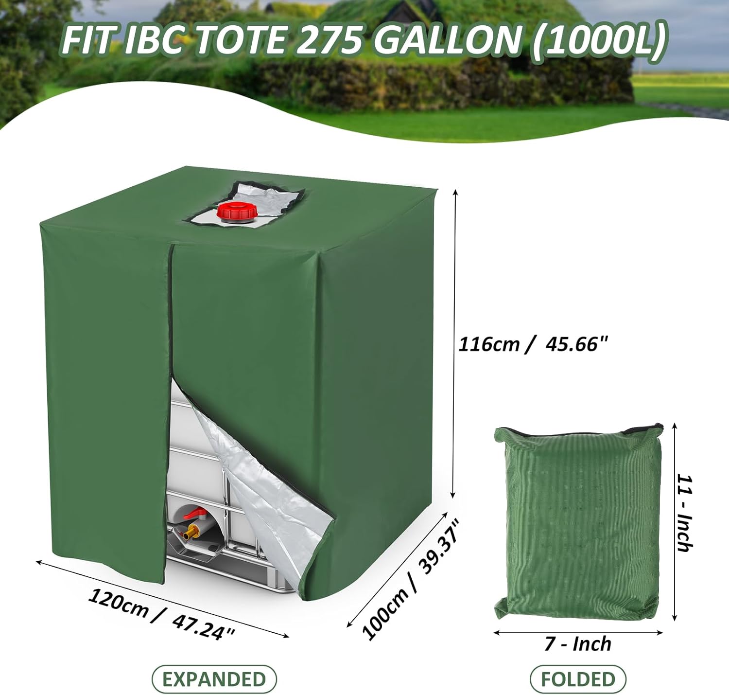 MECCANIXITY Zipper IBC Tote Cover 275 Gallon, 210D Oxford Waterproof Sunshade Rain Barrel Water Tank Protective Cover for 1000L Outdoor Garden, (39.37 x 47.24 x 45.66 Inch, Green)