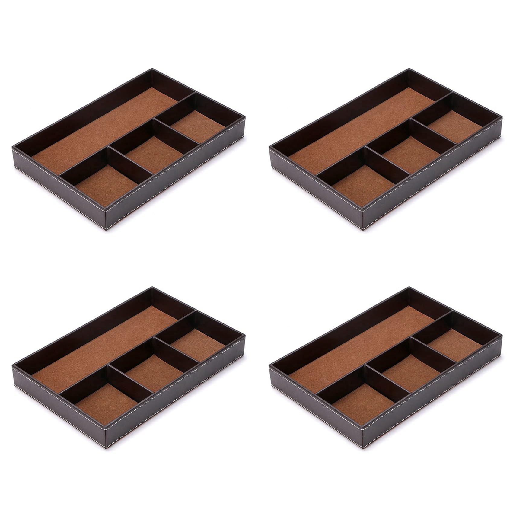 Hndhbfgrt 4X 4 Slots Desk Drawer Organizer, Pu Leather Drawer Storage Organizer Divider Storage Tray(Brown)
