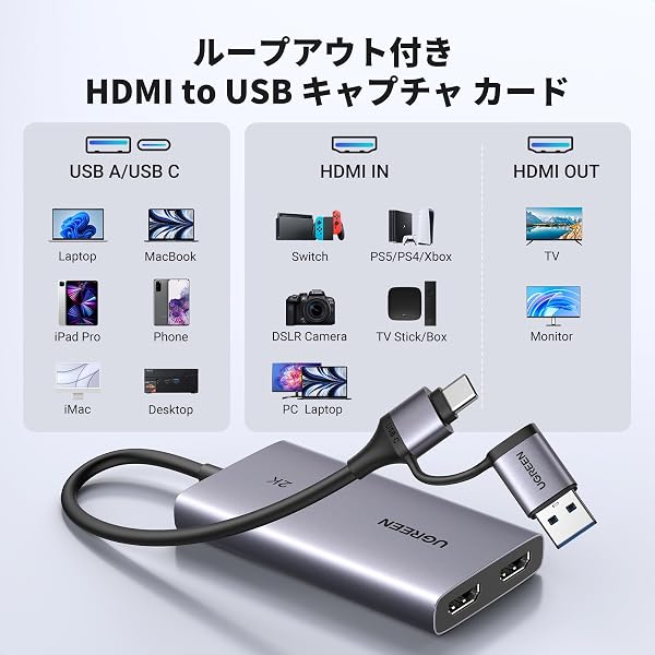 UGREEN 2K@30Hz HDMI キャプチャーボード 4K@30Hz パススルー機能 USB 3.0 フルHD 1080P 60Hz 超低遅延 録画 、Switch、PS5、Xboxなど対応 - 3