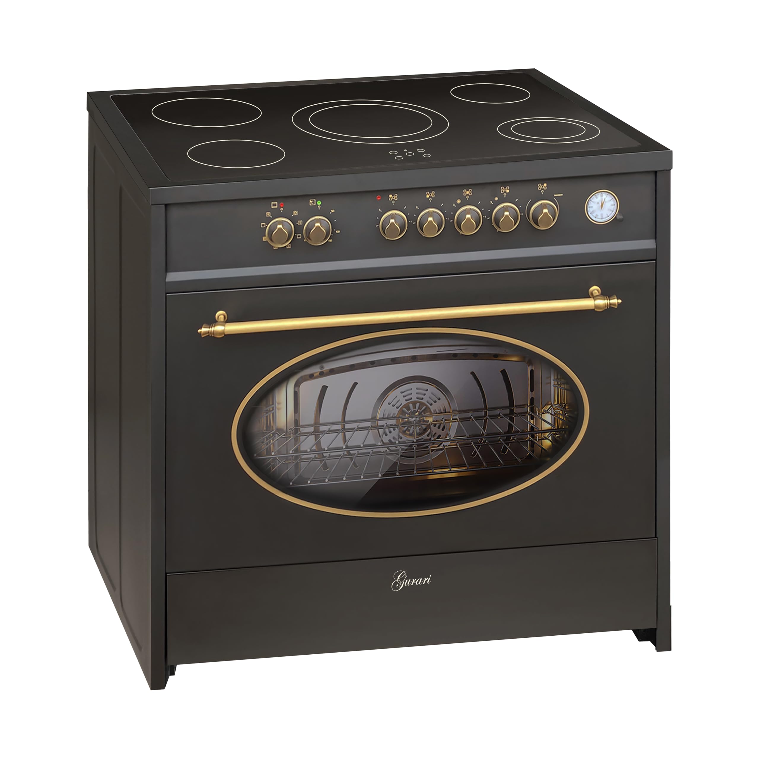 Gurari GCH E 912 BL Retro Electric Cooker 90 cm · XXL Oven 121 L Multi 8 · 5 Zone Hi-Light Ceramic Hob · Rotating Heat, Grill · German Quality