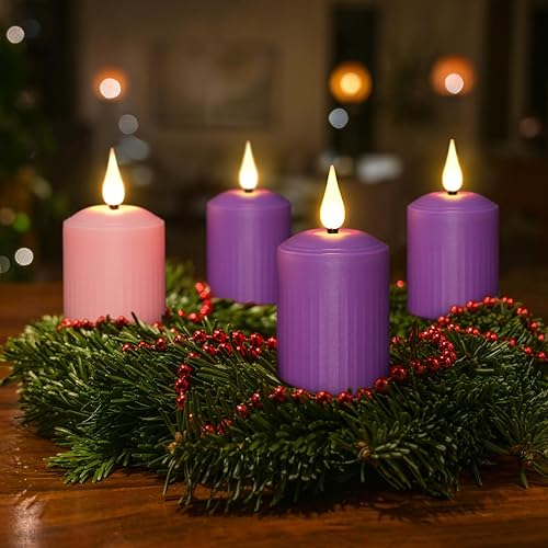 Miniatura 2 de Juego de 4 velas LED de adviento D2 x H4, sin llama, 3 moradas y 1 rosa para rituales de Adviento y ocasiones especiales, decoración de iglesia (3