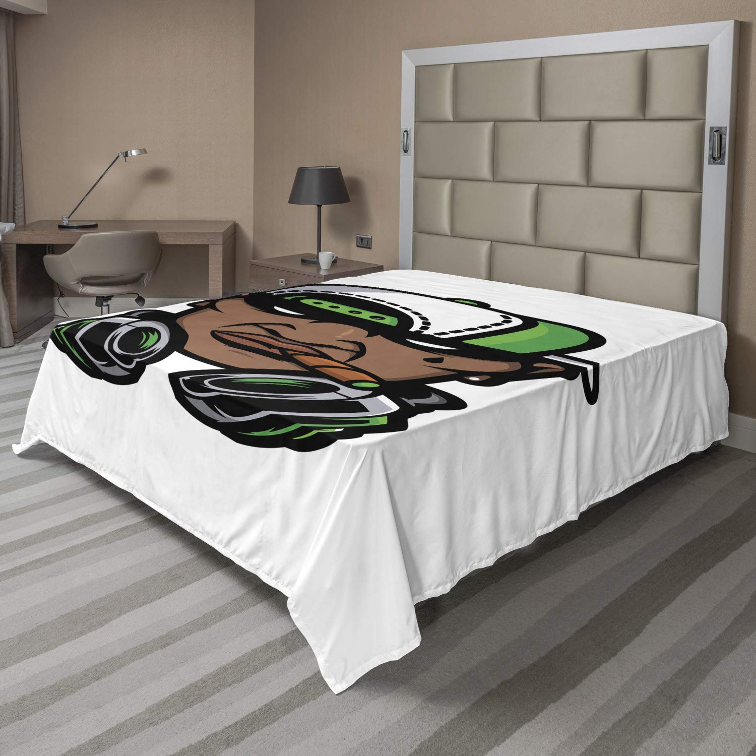 Lunarable Guy Flat Sheet, Hip Hop Culture Cool Looking Man with Smoke Headphones and a Cap, Soft Comfortable Top Sheet Decorative Bedding 1 Piece, California King, Green Brown