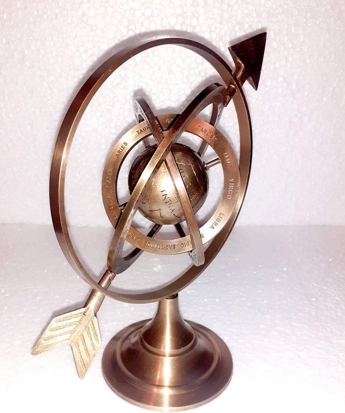 Brown Antique 8" Antique Brass Armillary Sphere with Sundial Arrow Nautical Maritime Astrolabe Engraved Astrological Star Signs Globe Home Décor Vintage Collectible Gifts
