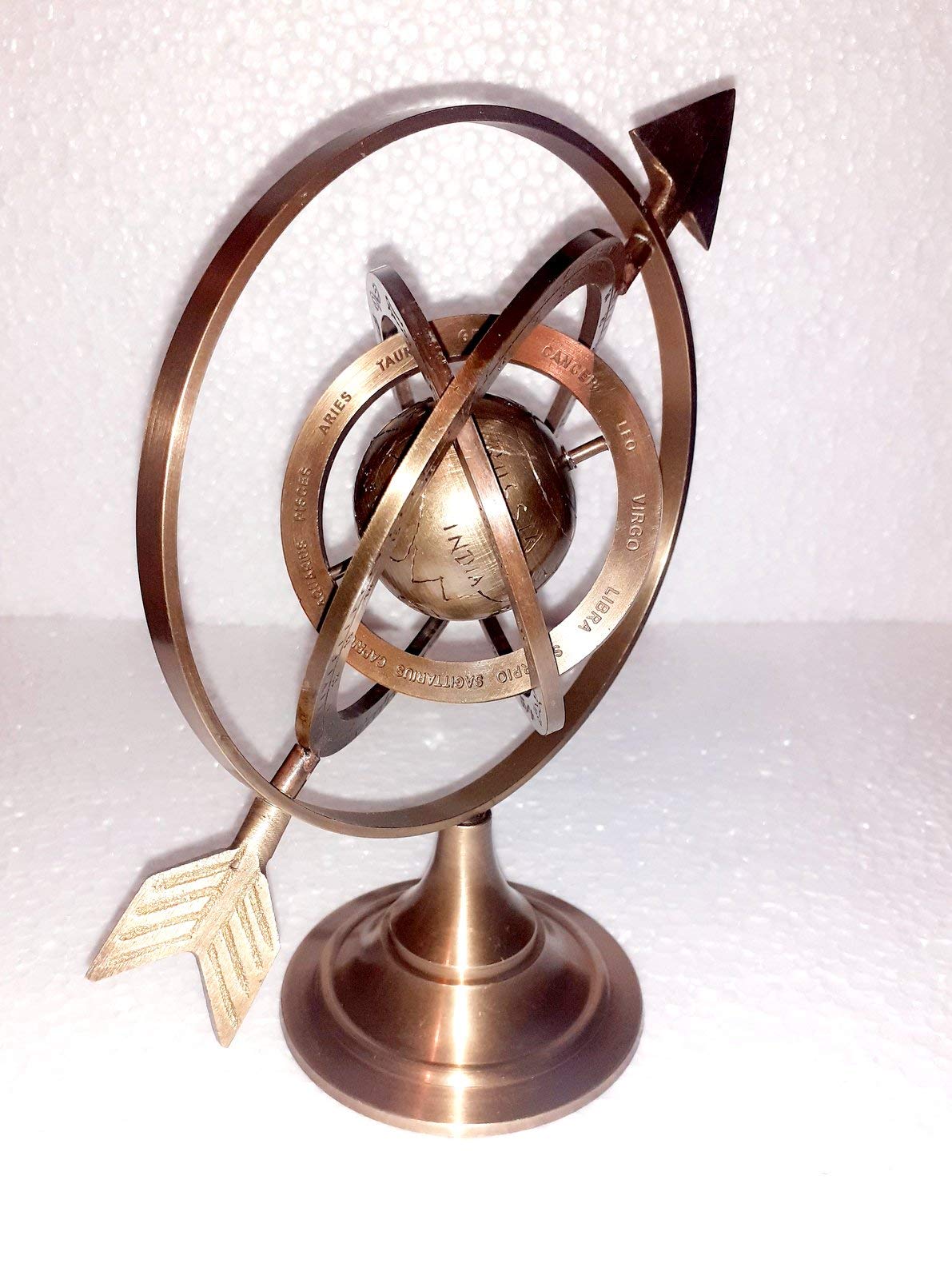 Esfera armilar de latón antiguo marrón antiguo de 8 pulgadas con flecha de reloj de sol, astrolabio marítimo náutico, grabado, astrológico, estrellas, globo, decoración del hogar,