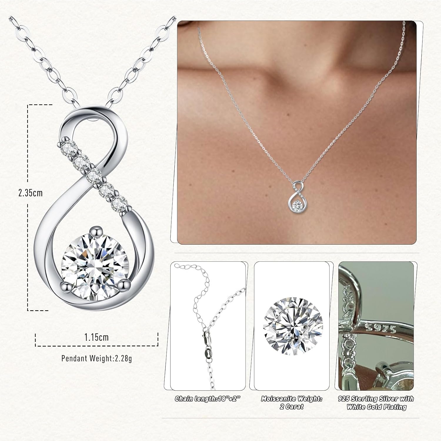 Moissanite Infinity Necklace for Women, 2CT D Color VVS1 Moissanite 925 Sterling Silver Pendant Necklace Jewelry, Anniversary Birthday Gifts for Wife Mom Girlfriend - Image 7