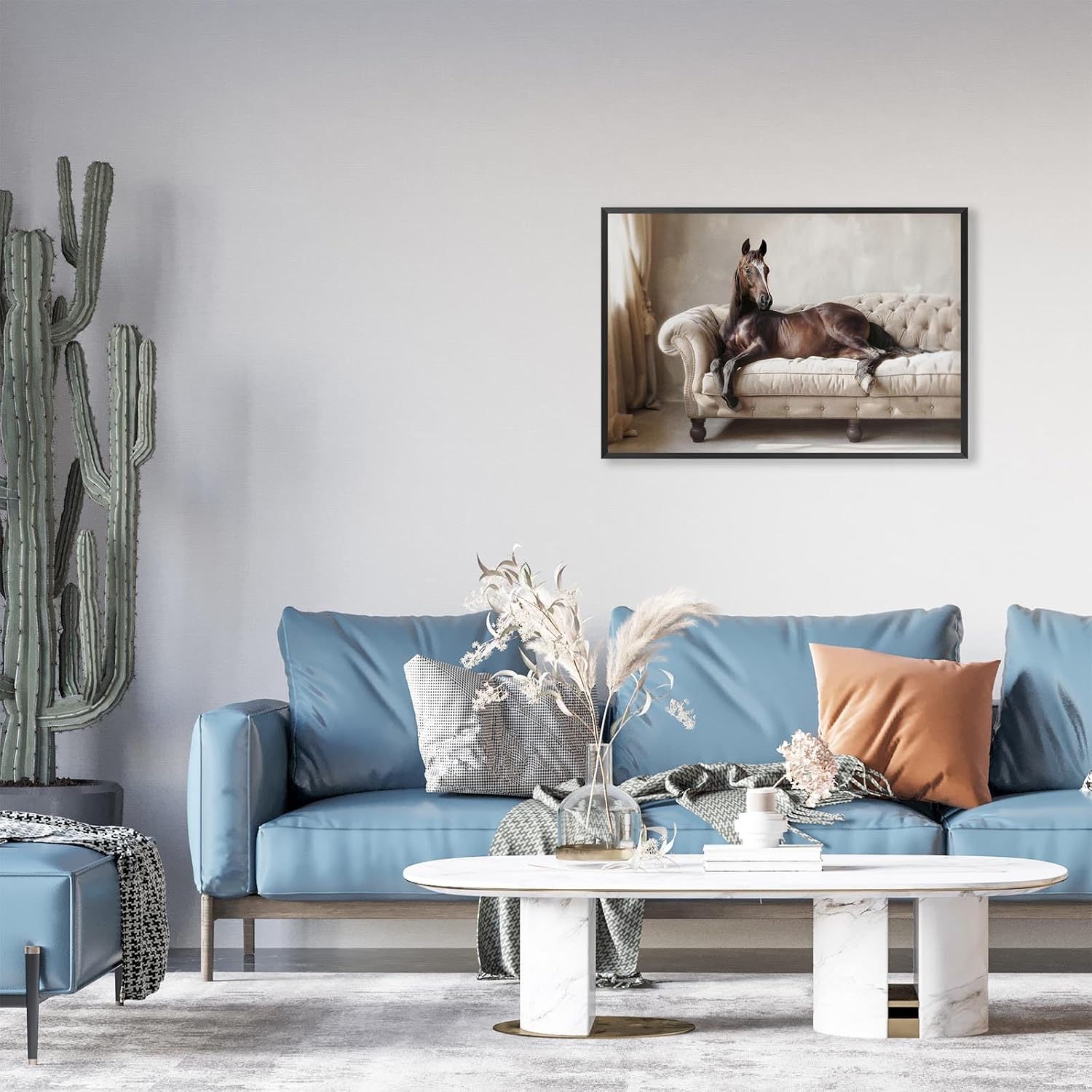 Black Framed Vintage Brown Horses Canvas Posters Whimsical Horse On Sofa Wall Art Rustic Farmhouse Horses Animal Prints Painting For Living Room Bedroom Dorm Wall Decor 24x36in