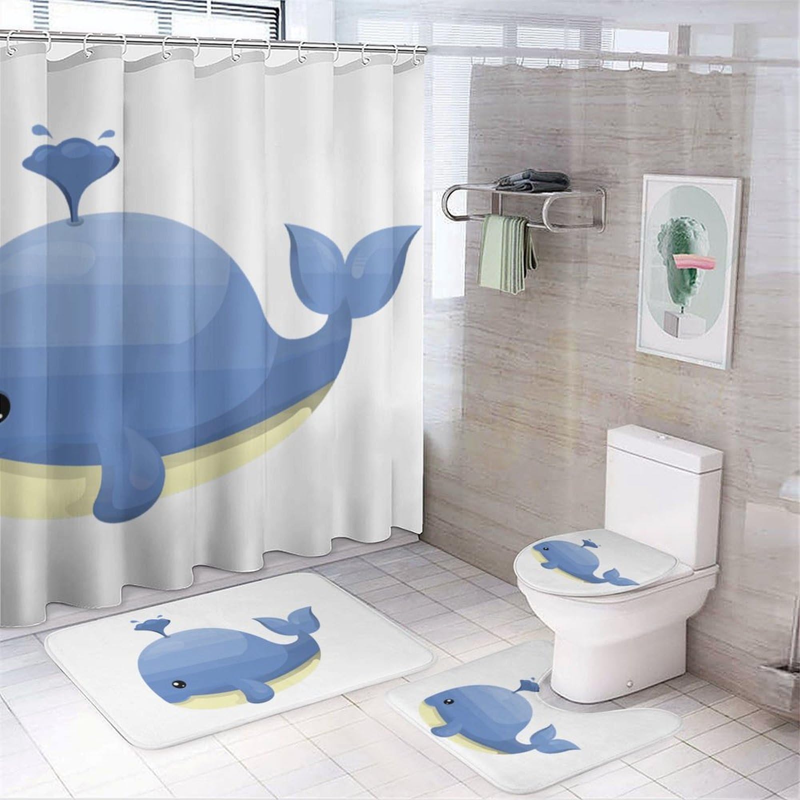 JZemdybill Bathroom Mat Set 4 Piece, Cartoons Whale Lighthouse Shower Curtain with Non-Slip Bath Mats for Bathroom