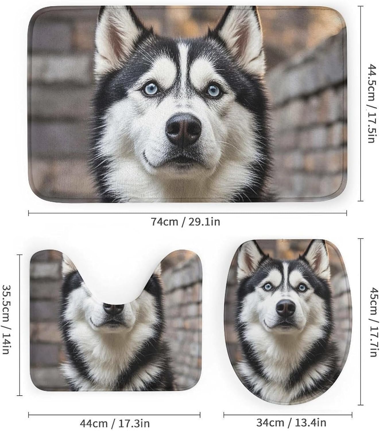 Husky Dog Shower Curtain Set 4 Piece, Non-Slip Bath Mat with Toilet Lid Cover and Waterproof Shower Curtain with 12 Hooks, Complete Bathroom Set for Home Decor