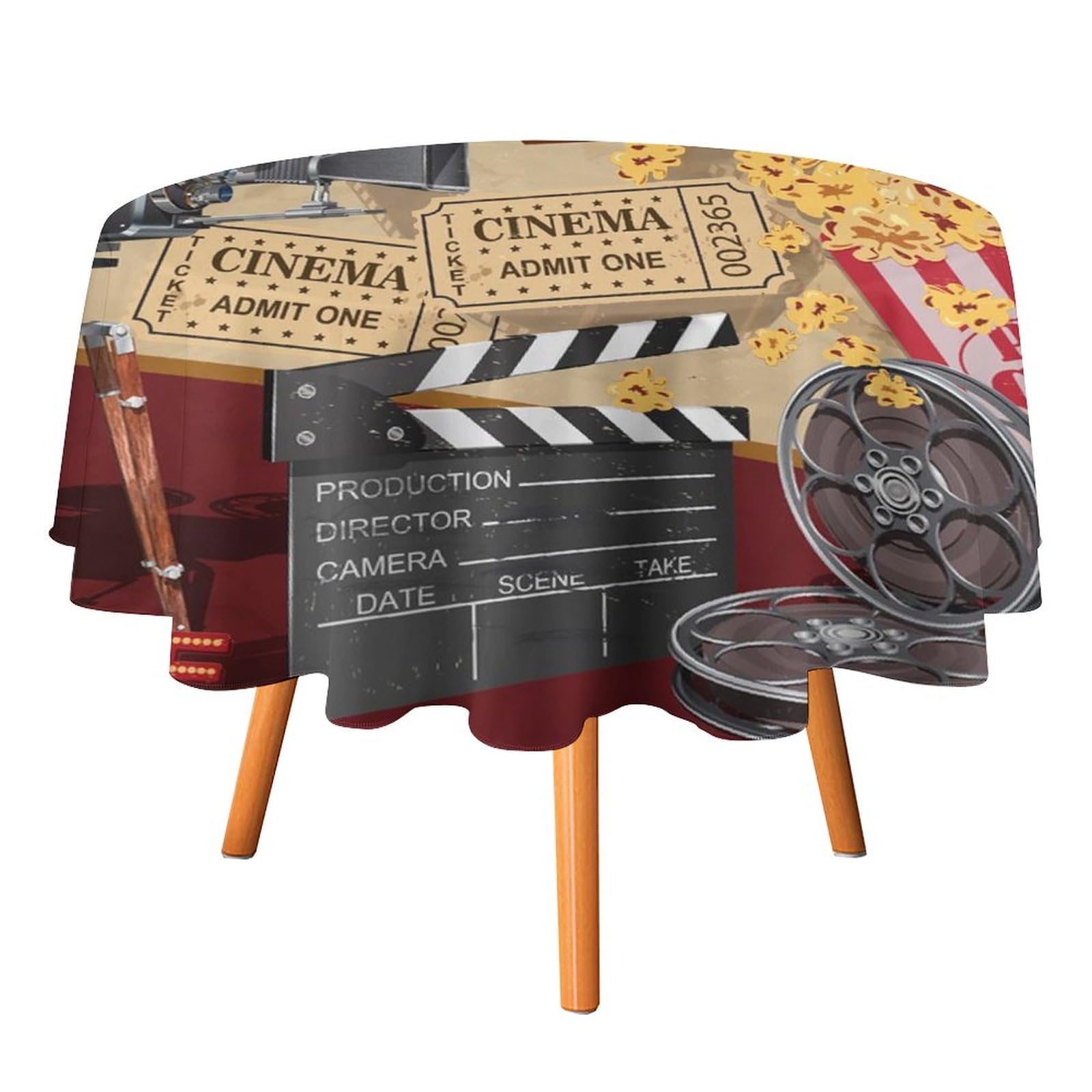 Smazdfxx Retro Movie Theater Round Tablecloth Table Cover Abstract Movie Theme Popcorn Of Cinema Film Print For Kitchen Dining Room Table Party Birthday Wedding-70Inch