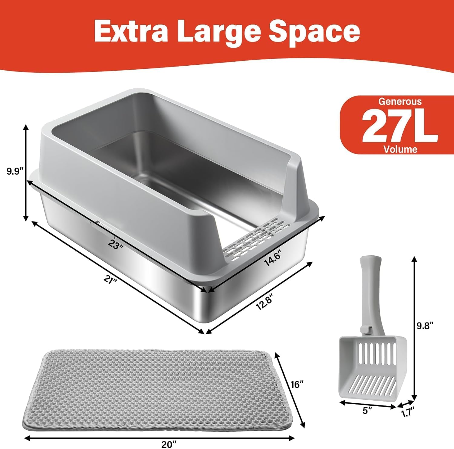 Stainless Steel Cat Litter Box, XL Metal Litter Box with High Sides Lid, Extra Large Cat Litter Boxes for Big Cats, Anti-Urine Leakage, Easy Cleaning, Odor Free, Non-Sticky, Include Scoop and Mat