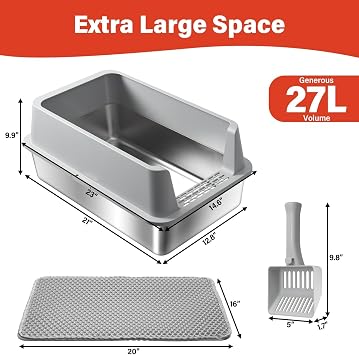 Cat Litter Box, TOKXTIK Stainless Steel Litter Box,XL Metal Tall Litterbox,Large Litterbox with High Side Wall,Non-Stick,Easy Cleaning,Anti-Leakage,Odorless,Includes Litter Mat、Scoop (1 Pack)