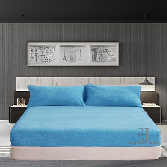 Teddy Fleece Fitted Bed Sheet Extra Deep 30cm Teddy Fleece Warm and Cosy Mid Blue Fitted Bed Sheet Double 135cm x 190cm + 30cm Approximate