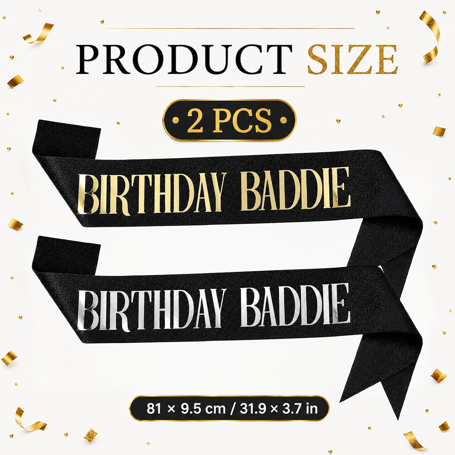 2 Pack Birthday Sash Black Glitter Birthday Baddie Sash with Gold & Silver Foil Funny Birth Day Decorations for Women Men Birth Day Party Favors Supplies image 2