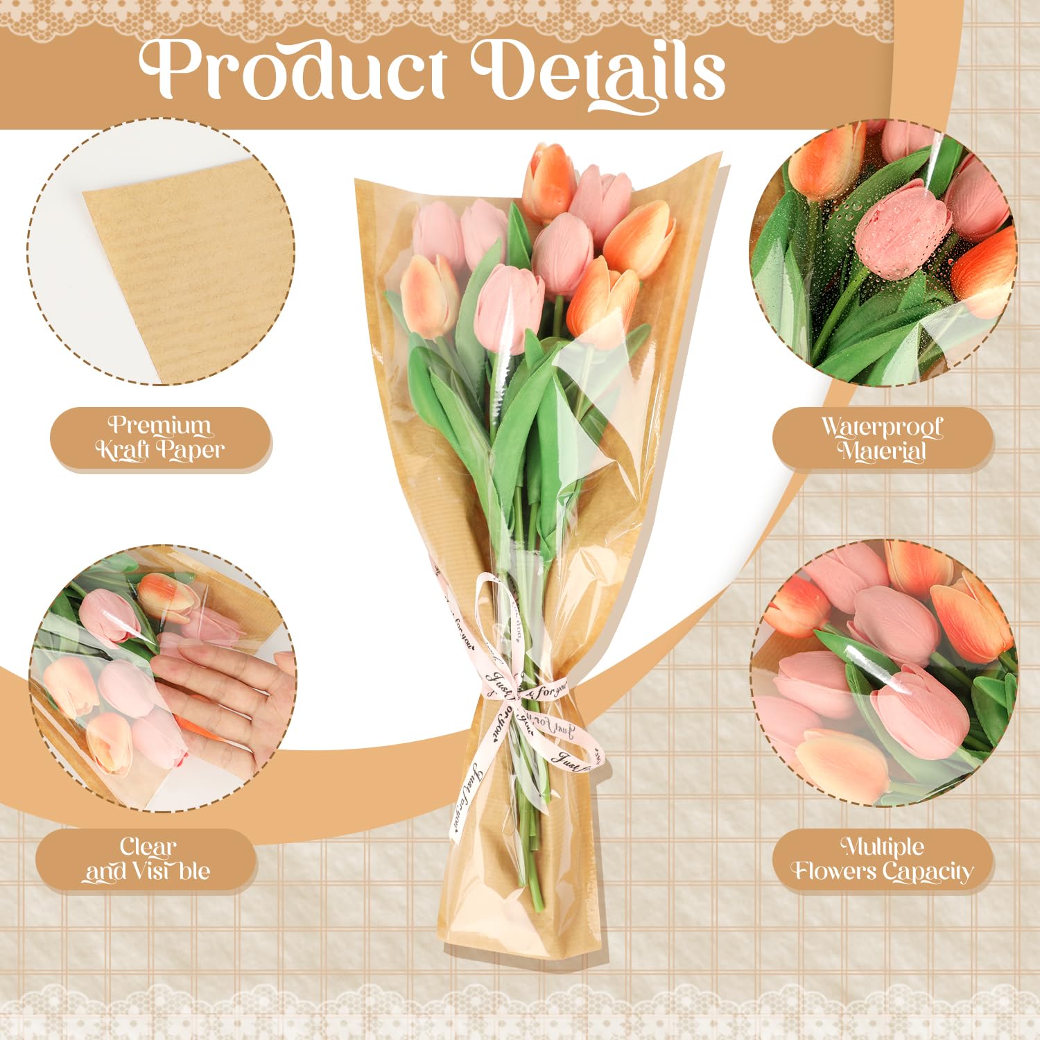 50 Pcs Flower Bags for Bouquets, Kraft Paper Flower Sleeves, Bouquet Wrapping Paper for Birthday Wedding Graduation Gifts, Florist Wrap Supplies, 45.2 x 24 cm / 17.8 x 9.4 Inches