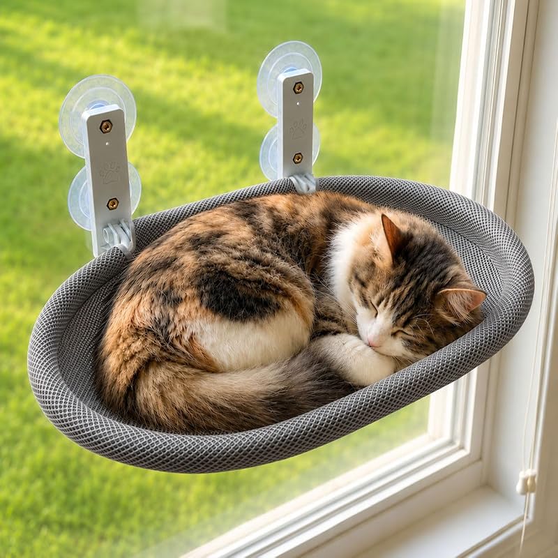 Cama de Janela para Gatos com Tela Respirável, Estrutura Dobrável e Ventosas myrtle sky Cinza (Grey)