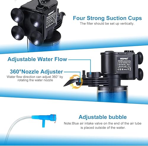 Miniatura 3 de Weipro Filtro interno para tanque de peces con filtración de 3 etapas, cartuchos de filtro transparentes, bomba de filtro sumergible ajustable de 5