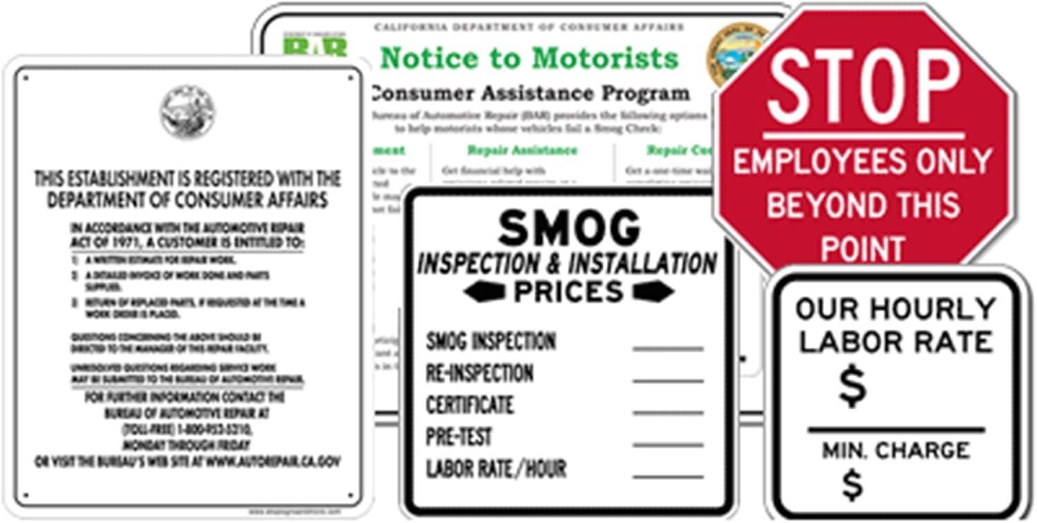 California SMOG Station Sign Kit Includes All 5 Signs California Required Bureau of Automotive