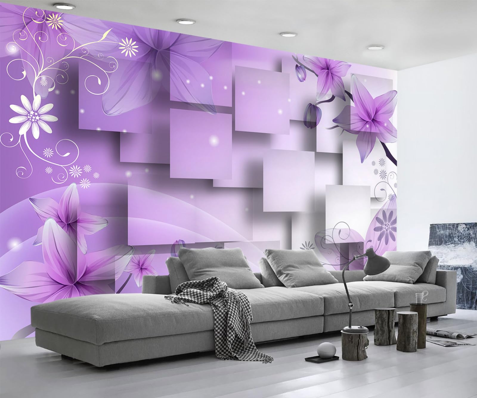 Papier peint panoramique violet motif fleurs géométriques relief 3D 400x260