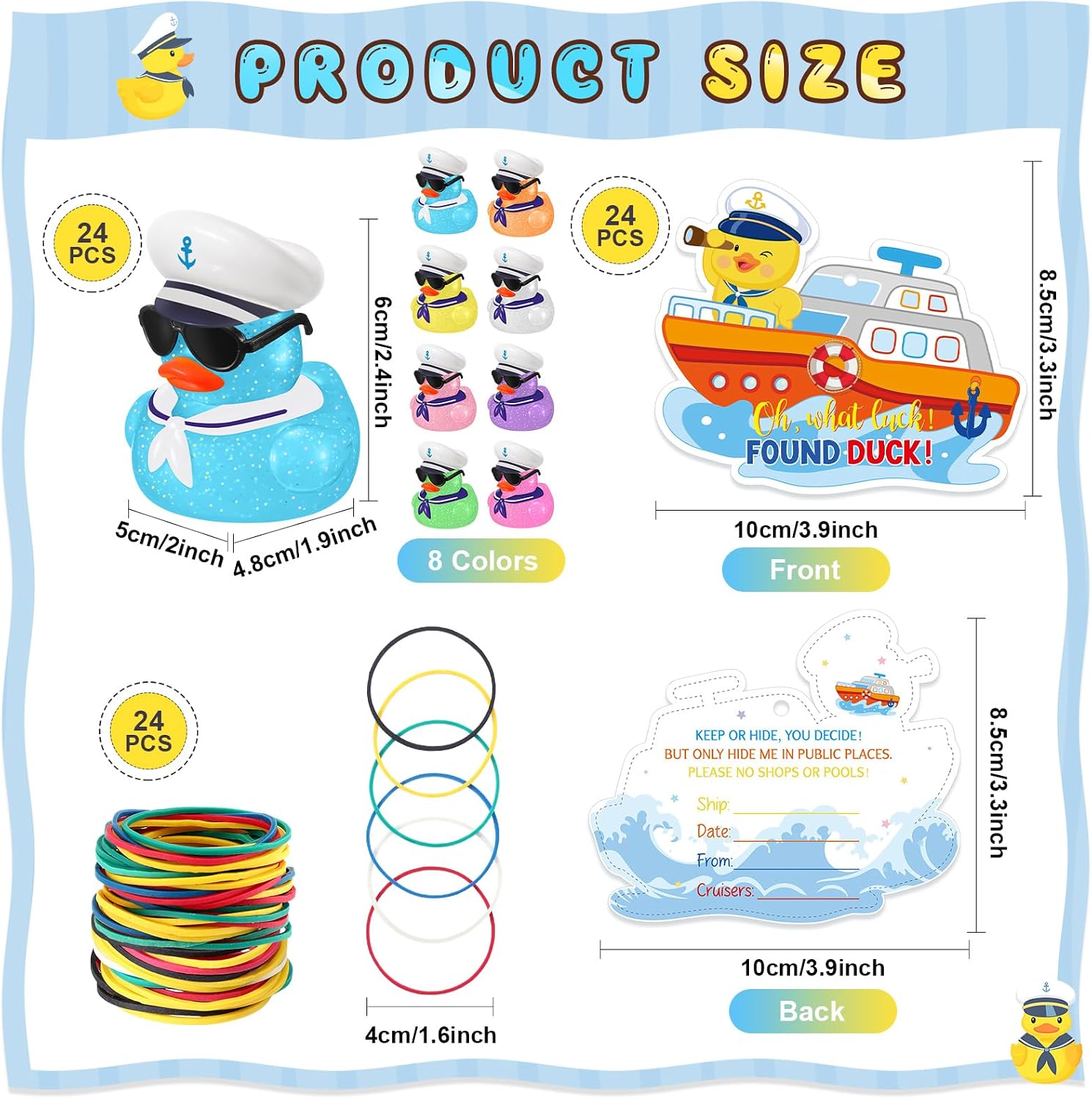 Halloscume 72 Pcs Duck Tag Cruise Kit Includes 24 Mini Cruise Glitter Rubber Ducks with Sunglasses Bulk 24 Duck Tags 24 Elastic Rubber Bands for Cruising Luggage Game Rewards(Ship)